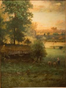 Scene at Durham, an Idyll.  American: George Inness (1825-1894) 1882 - 85.  Oil on Canvas.  Inness often worked on his paintings over extended periods. He started this painting in 1882, making changes to the composition and the color over the next three years. The artist altered the time of day from early to late afternoon by adding orange to the horizon, darkening the rocky ledge, and deepening the shadows in the foliage.
3,652.66 KB 
